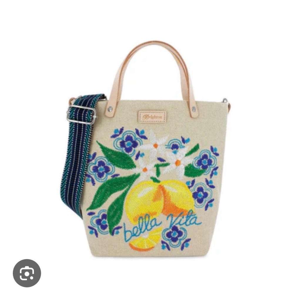 Brighton Cream Canvas Embroidered Tote with Blue and Yellow lemons Design NWOT